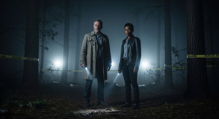 Investigating a mysterious crime scene forest photography dark environment low angle suspenseful atmosphere