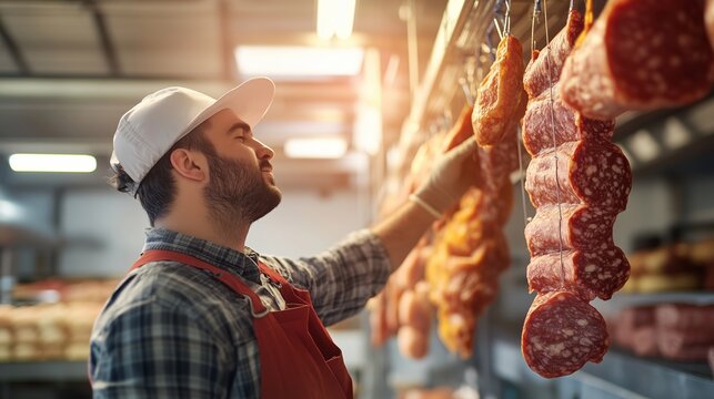 Butcher arranging cured meats in a local market in the afternoon