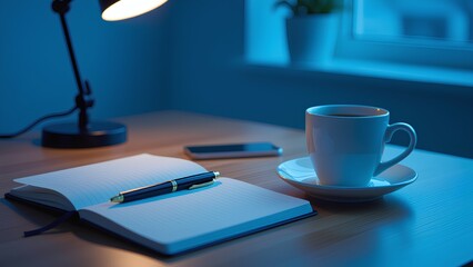 A tranquil desk setup for working late at night. A warm lamp illuminates an open notebook, pen, and a cup of coffee, creating a cozy and focused atmosphere for studying, writing, or p
