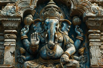 Fototapeta premium Ancient weathered statue of ganesha, the hindu god of wisdom and prosperity, blessing devotees in a temple