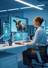 Digital agriculture innovation cow monitoring system modern office desktop setup high-tech environment focused viewpoint