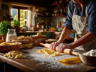 Warm homemade pasta, rustic kitchen scene, skilled hands, traditional cooking, cozy ambiance.