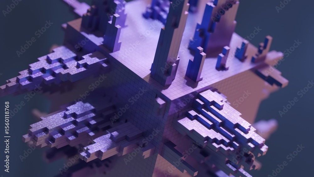 Fototapete Purple pixelated cube slowly rotating and transforming, with extruding pixelated structures, on a dark background, creating a mesmerizing visual effect