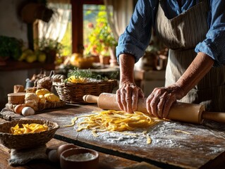 Authentic homemade pasta, rustic kitchen setting, skilled hands, traditional recipe, warm glow.