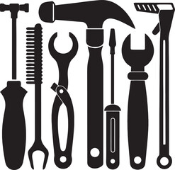 Collection of silhouetted hand tools including a hammer and wrenches