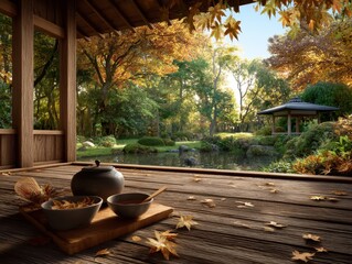 Tranquil autumn tea ceremony, serene japanese garden, golden leaves, peaceful retreat, scenic view.