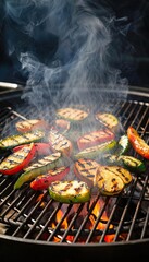 Grilled vegetables on a barbecue grill. Colorful bell peppers, zucchini, and eggplant are cooking over flames, creating smoke 