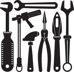 Collection of silhouetted hand tools including a hammer and wrenches