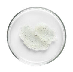 Cosmetic product in Petri dish isolated on white, top view