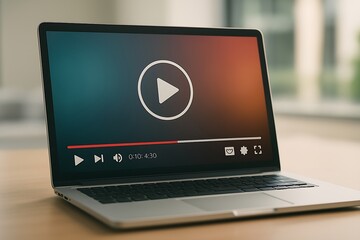Laptop displaying a video player interface on the screen, ready to play content.