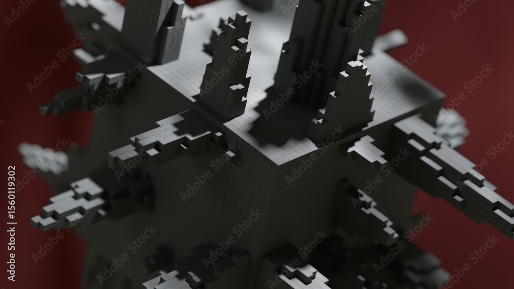 Poster geometric cube structure with intricate pixelated protrusions rotating slowly against vibrant red ba
