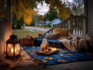 Cozy autumn porch, warm evening retreat, inviting seating, soft lighting, scenic view.