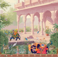 Traditional Mughal flower motif. Mughal wall paintings, botanical floral ethnic motif, Traditional Mughal flower motif, Traditional Mughal garden, forest, elephant ride, mahout in Thailand vector  © Nayan
