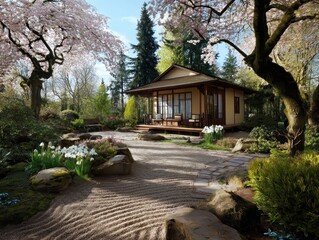 Serene spring tea house, tranquil japanese garden, blooming cherry blossoms, peaceful retreat.