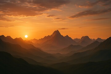 Obraz premium Beautiful sunrise over mountain peaks with golden sunlight and dramatic clouds.
