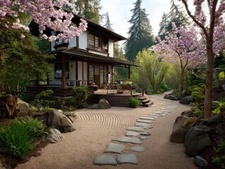 Serene spring tea house, tranquil japanese garden, blooming cherry blossoms, peaceful path.