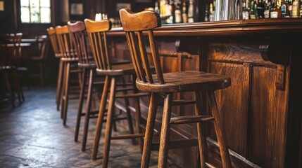 Classic wooden bar stools lined up