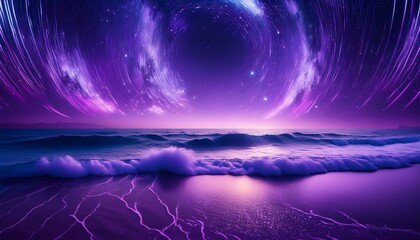 purple glowing ocean waves under starlit night sky