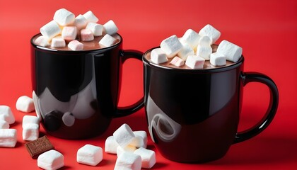 Delicious hot cocoa topped with marshmallows in a black mug against a red backdrop
