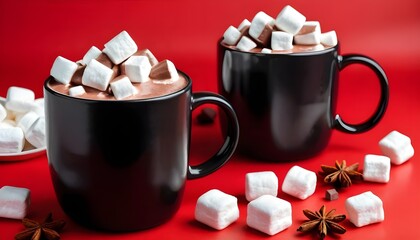 A black mug filled with hot cocoa and marshmallows, set on a vibrant red background
