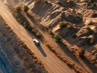 Desert road journey, rugged terrain, lone vehicle, golden dunes, remote adventure.