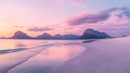 Pastel-toned beach at sunset, mountains in the background.  Pink and purple hues dominate the sky and water. Soft waves lap gently on a pristine white sand shore