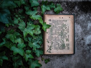Ancient chinese manuscript, intricate calligraphy, aged paper, nature's embrace, historical relic.