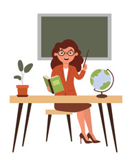 Educational activity in a classroom featuring a teacher holding a book and a globe. Vector illustration in flat style.