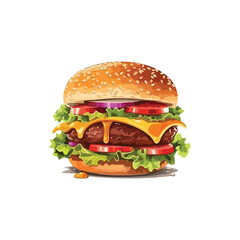 Juicy Cheeseburger with Lettuce, Tomato, and Melted Cheese Vector Illustration 