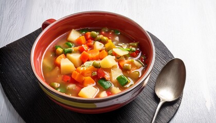 italian minestrone soup with diced vegetables in a clear broth