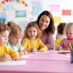 Fototapeta premium Teacher Supervising Young Children Drawing at Tables in Classroom