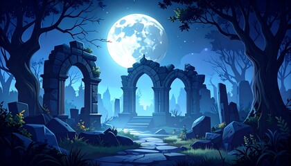 Enigmatic Moonlight Ruins: A Nighttime Journey Through Ancient Stone Arches