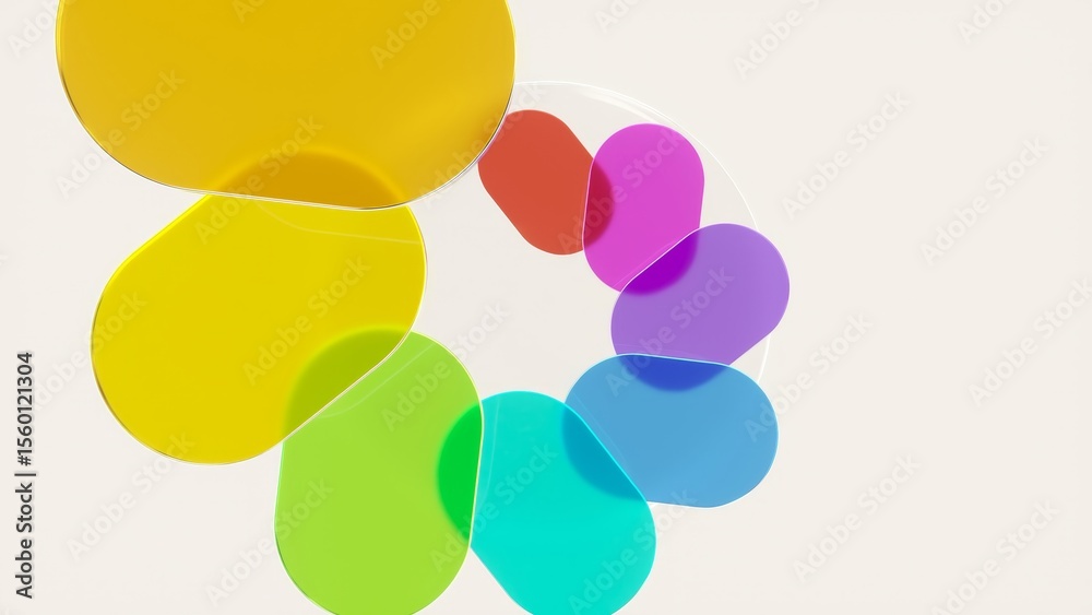 Poster colorful transparent rounded shapes dynamically rotating, generating fluid abstract motion graphic d