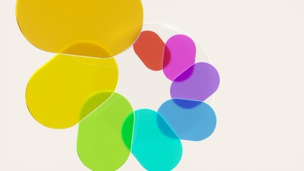 Colorful transparent rounded shapes dynamically rotating, generating fluid abstract motion graphic design with seamless energy against pristine white background