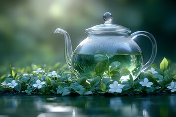 Tranquil Green Tea Moment with Glass Teapot Amidst Blooming Foliage for Relaxation and Wellness