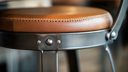 Close-up image of metal and leather bar stool