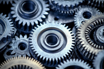 Close-up view of intricate metal gears in various sizes Generative AI