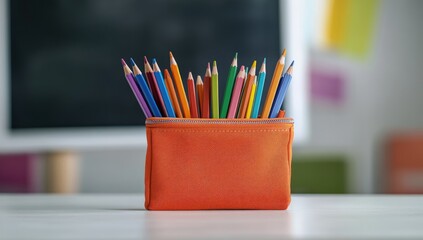 Colorful pencils in an orange zippered pencil case on a white table in front of a dark gray chalkboard