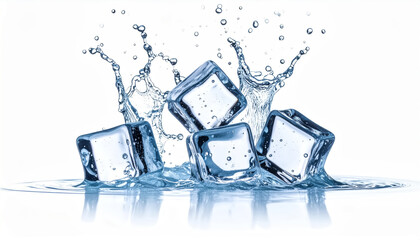 Ice cubes falling into water with splash and motion freeze effect, clean white background