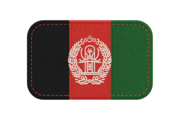 A detailed embroidery patch displays the Afghanistan flag with stitched border.