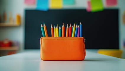 Colorful pencils in an orange pencil case on a white table, in front of a chalkboard and colorful sticky notes