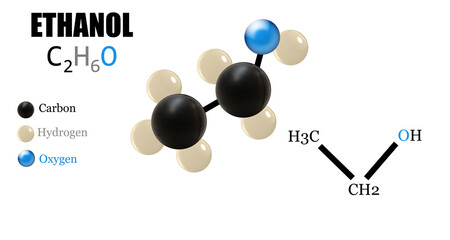 3D illustration of the structure of ethanol, a clear liquid used in alcoholic beverages. Its formula is C₂H₆O, and it's also known as grain alcohol.