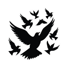 Black silhouette of a flock of birds in flight, with one prominent bird, ideal for nature, freedom, or wildlife designs. Vector illustration