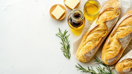 Three baguettes with butter, olive oil, and rosemary on a white surface