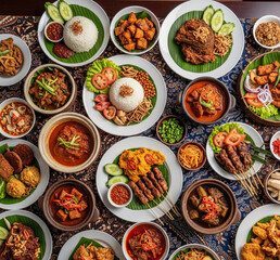 Traditional Indonesian Food Feast with Satay, Rice, and Spicy Dishes
