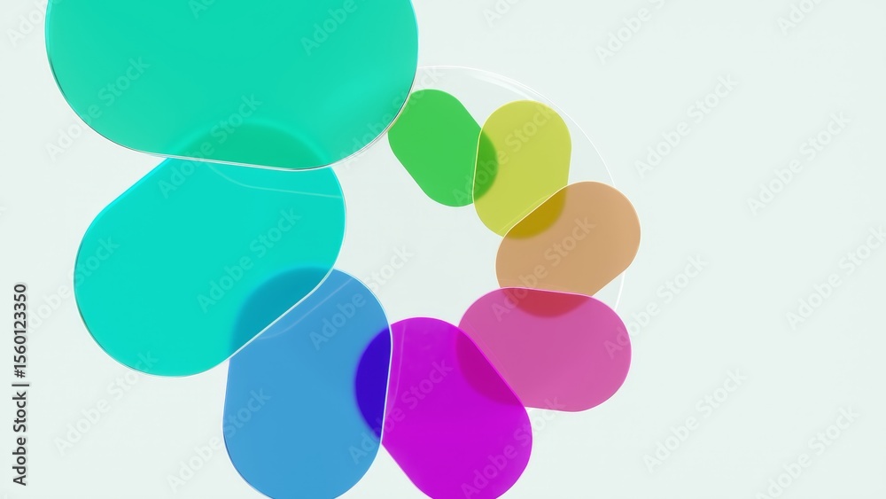 Poster transparent colorful rounded geometric shapes rotating dynamically, generating vibrant abstract moti