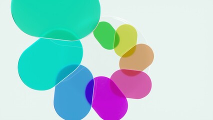 Transparent colorful rounded geometric shapes rotating dynamically, generating vibrant abstract motion design against pristine white background, creating seamless visual composition
