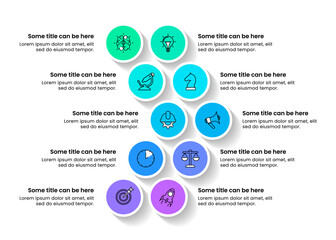 Infographics template. Arrow with 10 circles and icons