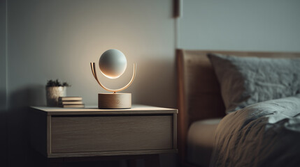 A levitating globe lamp on a bedside table in a bedroom with a bed and plant in the background