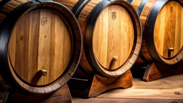 Three wooden barrels with black metal hoops resting on a wooden surface with wood grain visible, studio lighting